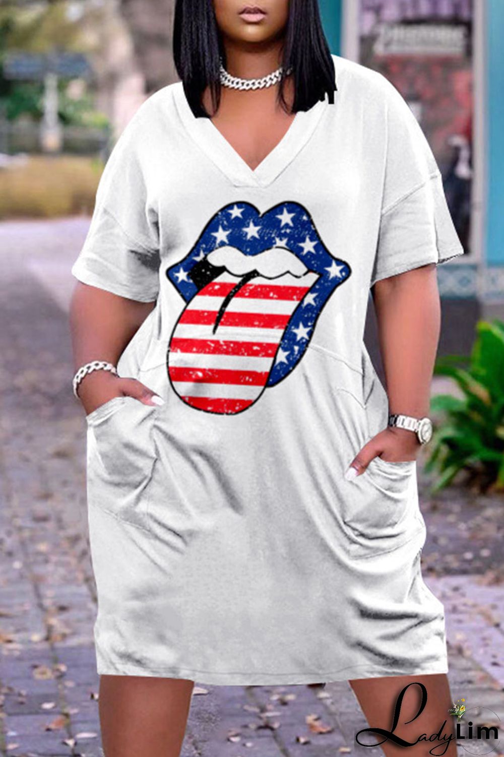 Deep Blue Casual Print Patchwork V Neck Dresses