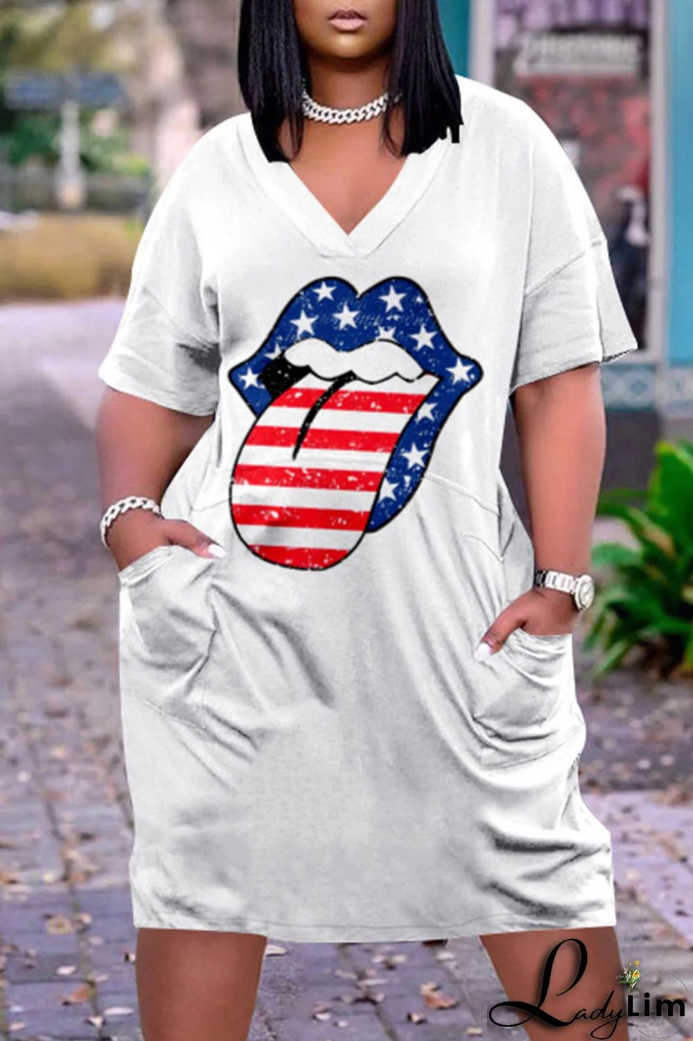 Deep Blue Casual Print Patchwork V Neck Dresses