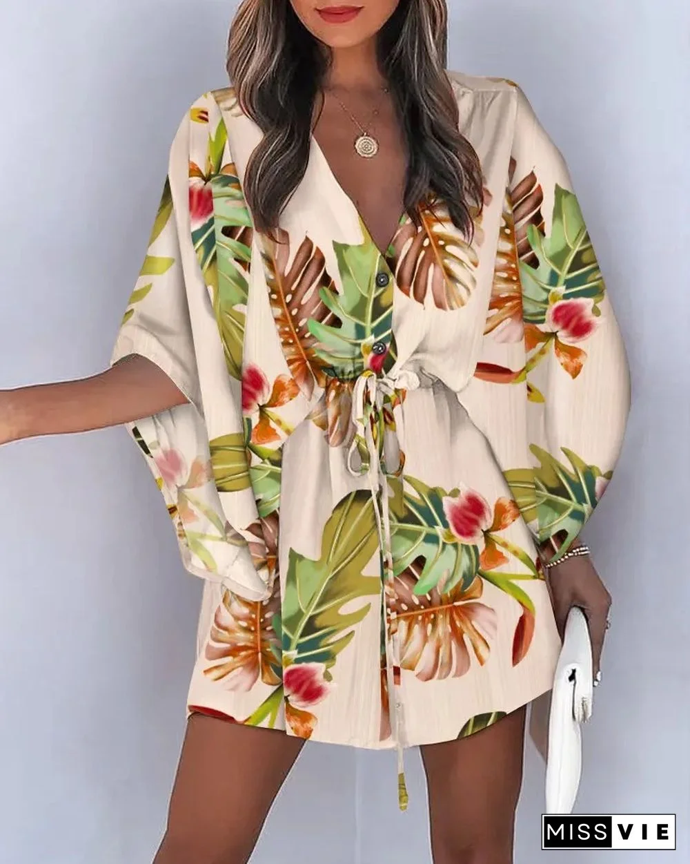 Fly-sleeve A-line Skirt V-neck Strappy Holiday Dress