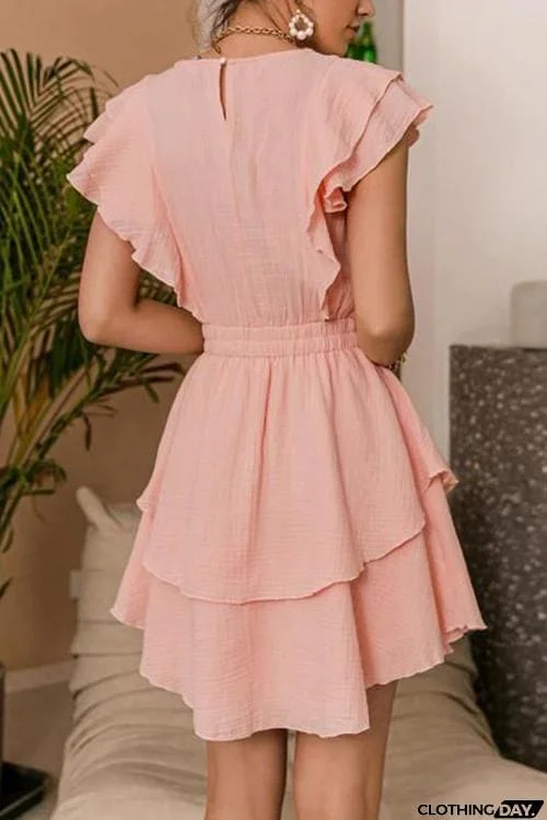 Ruffle Trim Ruched Waist Layered Hem Dress