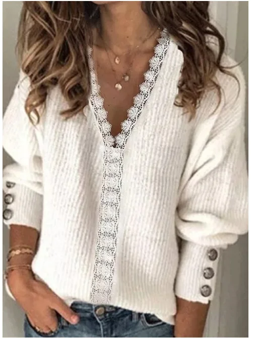 Solid Knit V-neck Loose Fitting Long Sleeved T-shirt