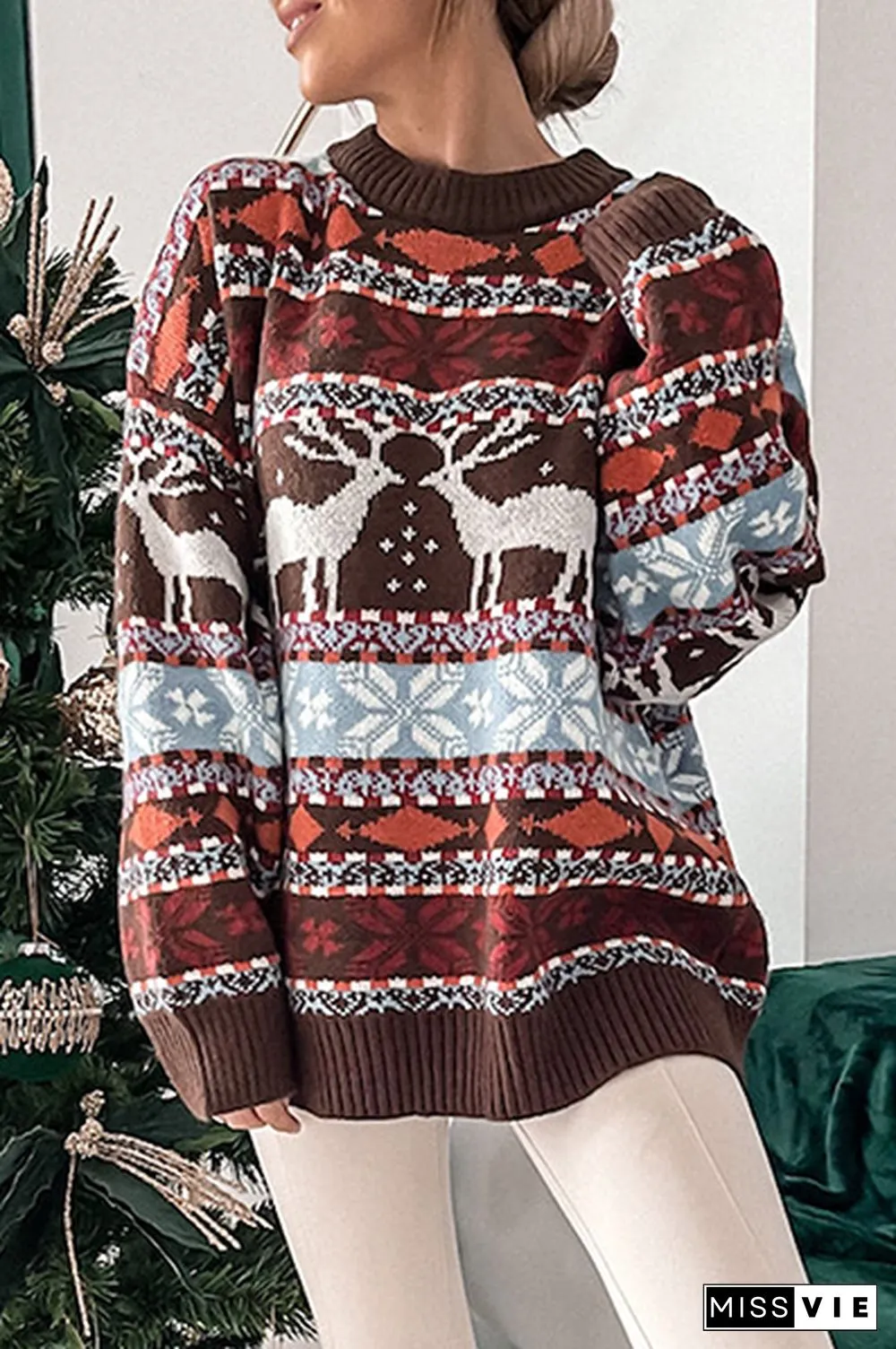 Casual Geometric Wapiti Patchwork Basic O Neck Tops