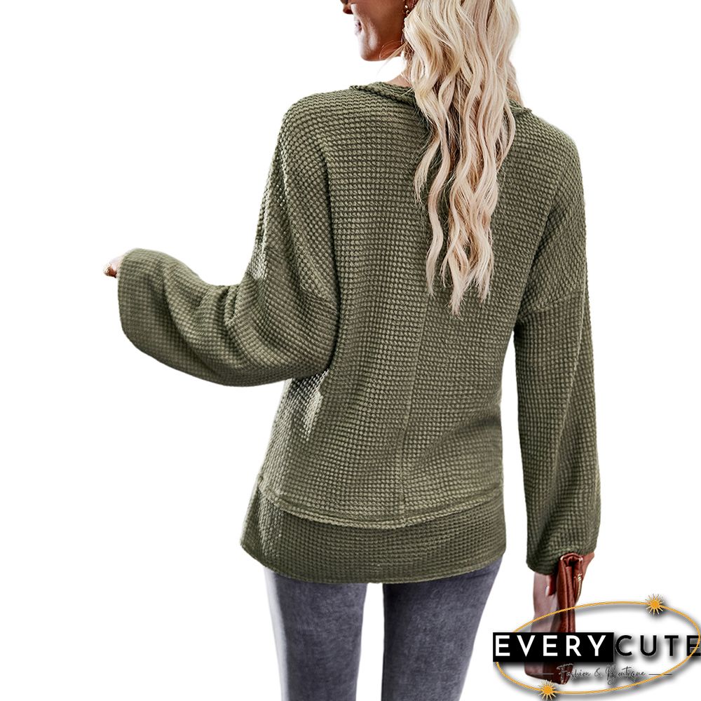 Army Green V Neck Waffle Pocket Long Sleeve Tops