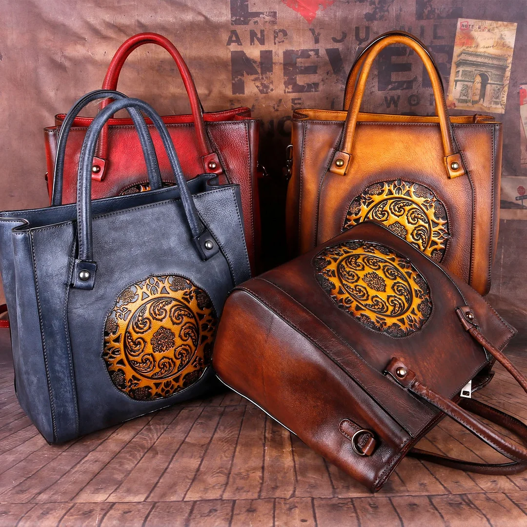 Retro Handmade Embossed Leather Handbag Messenger Bag