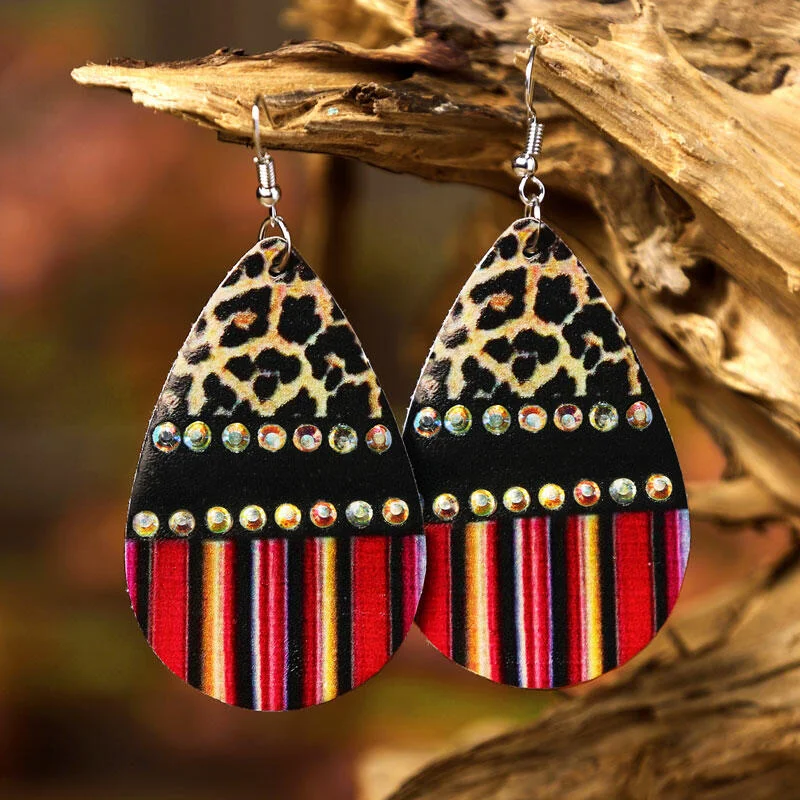 Gypsy Style Leopard Colorful Striped Splicing Rhinestone Earrings