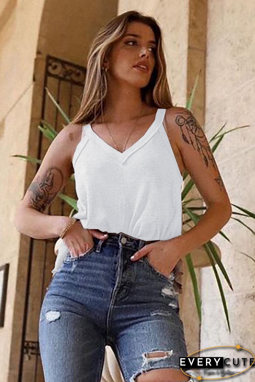 White Solid V Neck Ruffle Tank