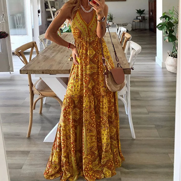 Boho Vintage Maxi Dress Flora Print （Yellow）