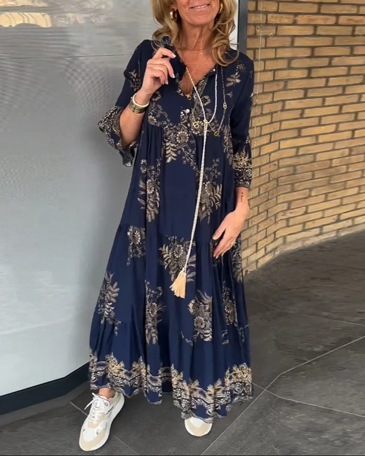 Langes Swing-Kleid mit V-Ausschnitt