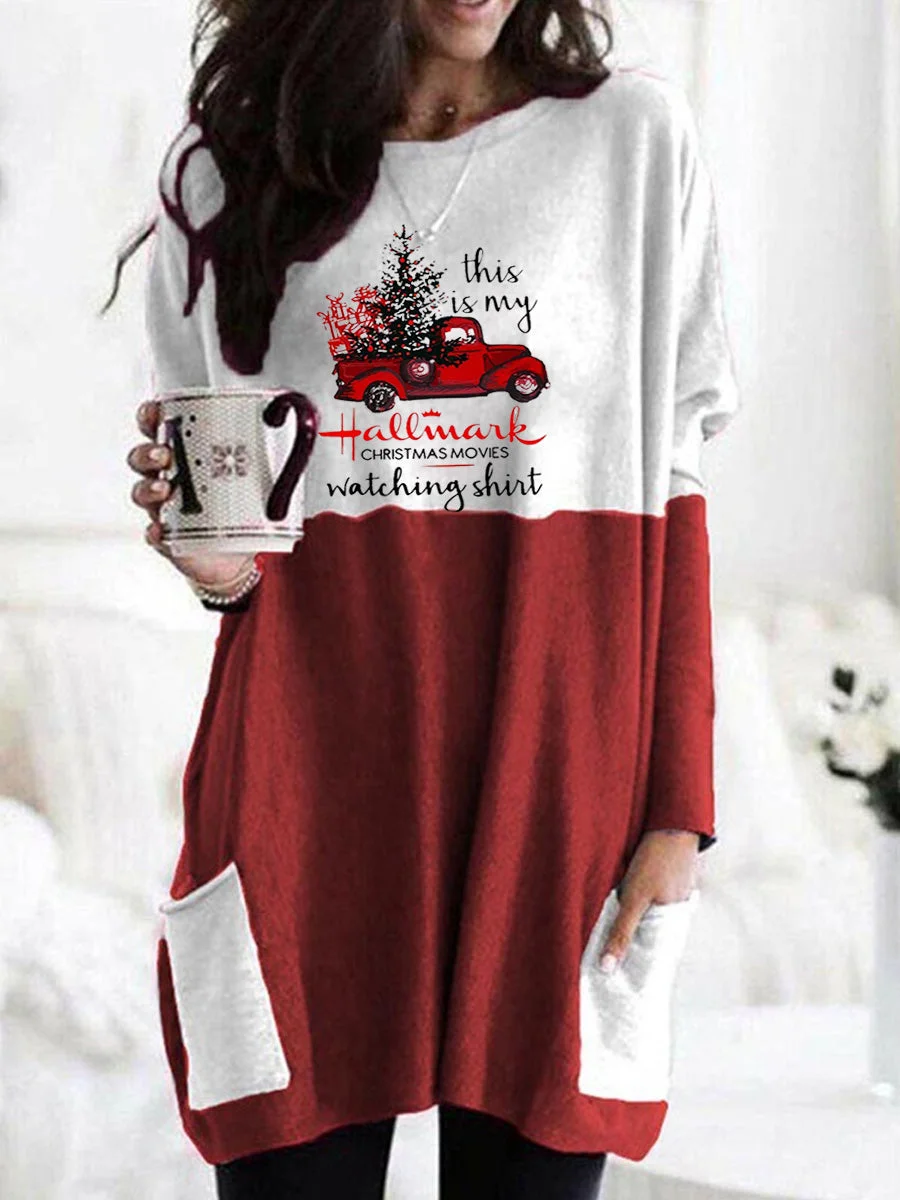 Hallmark Christmas Movies Watching Color Block Long Sleeve T-shirt