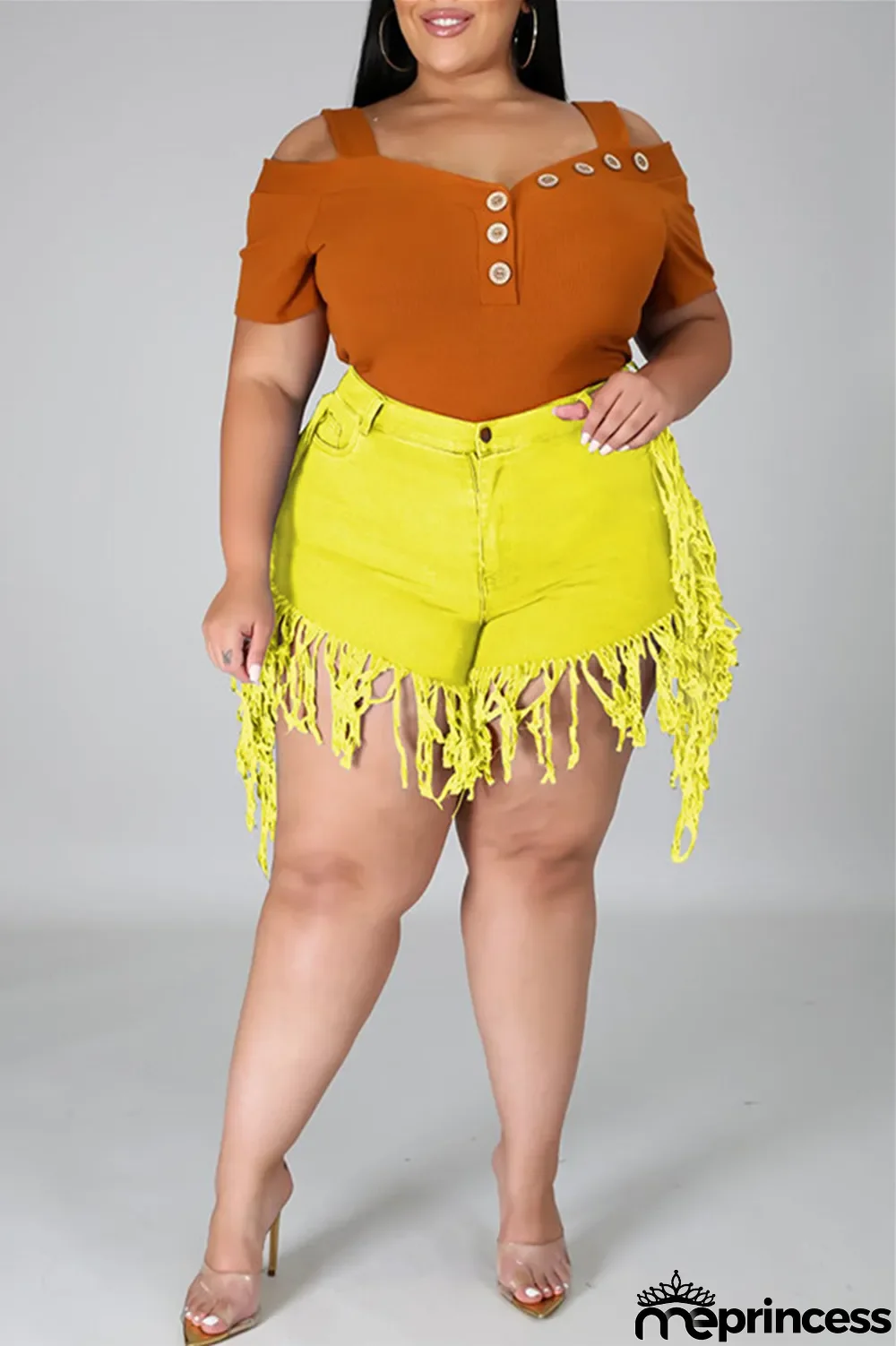Yellow Fashion Casual Solid Tassel Plus Size Jeans
