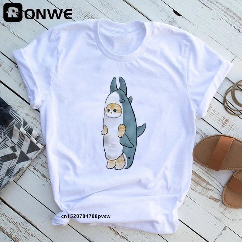 Cat Shark Funny Women Cartoon Y2K T shirt Female 90s Summer Clothing Girl Fashion Black T-shirts,Drop Shipping