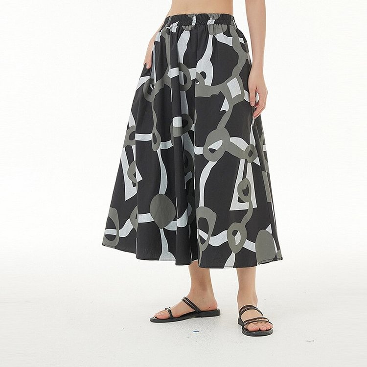 Fashion Contrast Color Printed Elastic Waist Pockets Skirt 