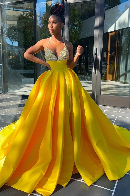 Daisda Glamorous Yellow Sequins V-Neck A-Line Prom Dress  Sleeveless With Split