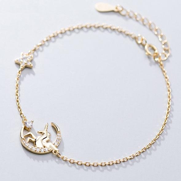 925 Sterling Silver Diamond Set Unicorn Star and Moon Bracelet