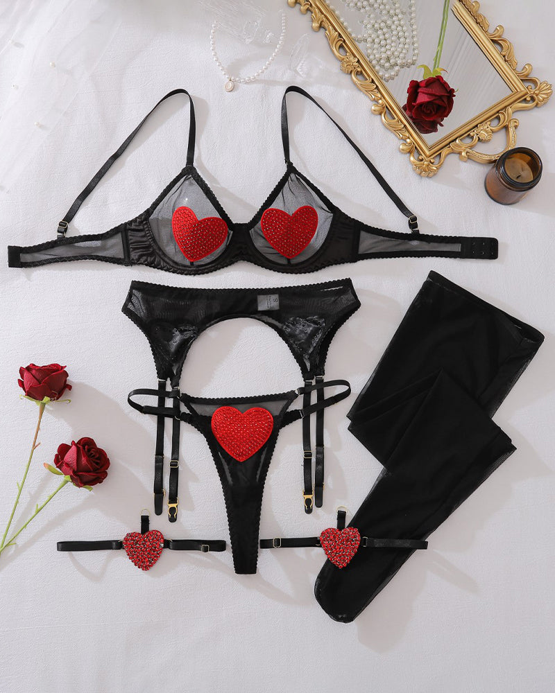 Lovingerie - Sheer Mesh Red Heart Bra Panty Sets+Stockings