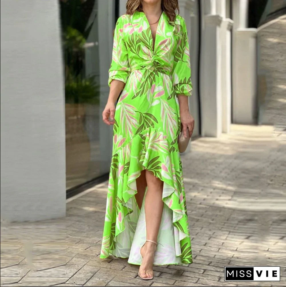 New Summer Dress Women Temperament Printed V-neck High-waisted Long-sleeved Dress Long Dresses Vestidos De Mujer