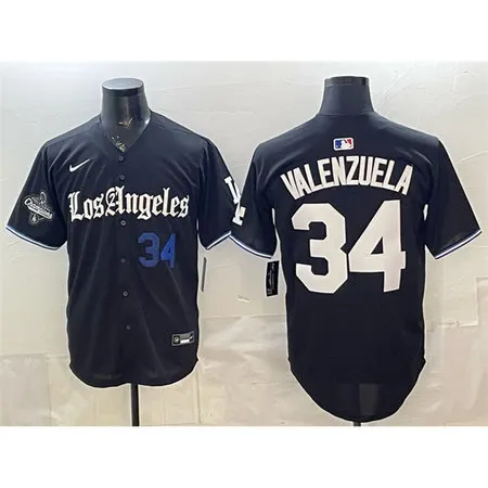 Men's Los Angeles Dodgers #34 Fernando Valenzuela Black 2025 World Series Champions Patch "Gothic Edition" Vapor Premier Limited Stitched Baseball Jersey