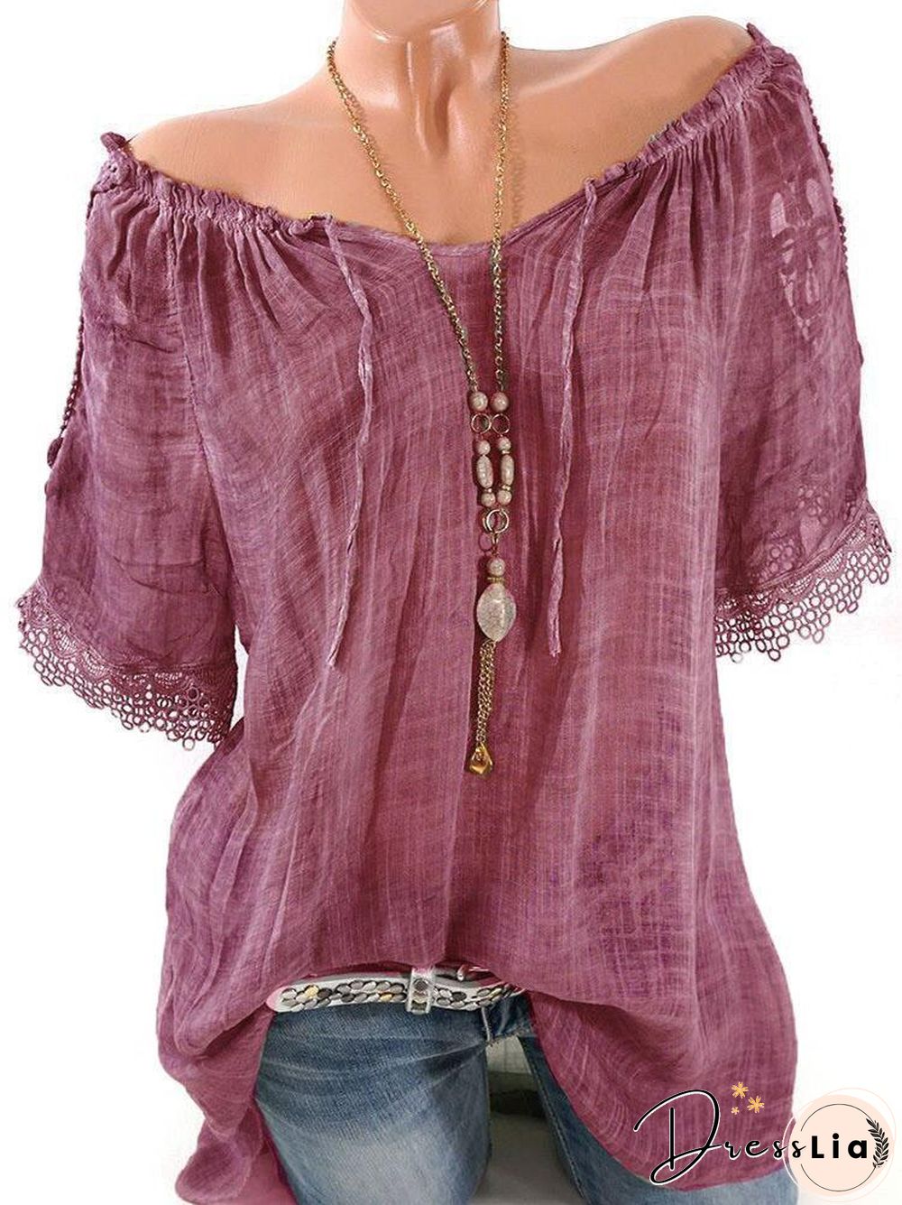 Lace Crochet Short Sleeve Pure Color Women's Shirts