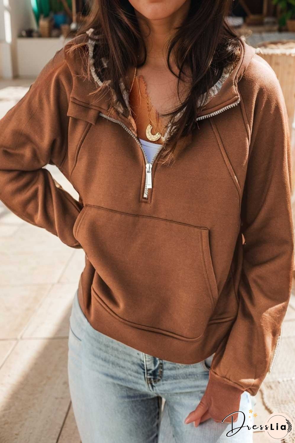 cozy brown hoodie with kangaroo pocket and quarter zip