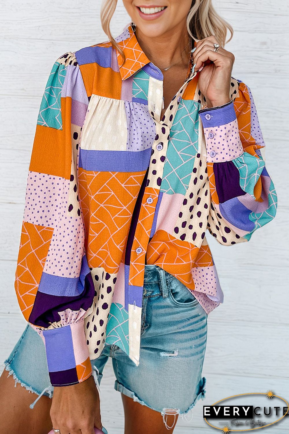 Multicolor Mixed Print Button Front Cuffed Sleeve Shirt