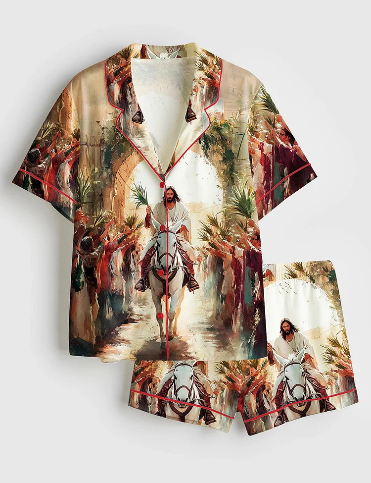 Women&rsquo;s Jesus Triumphal Entry Into Jerusalem Easter Christian Print Short Sleeve Satin Pajama Set