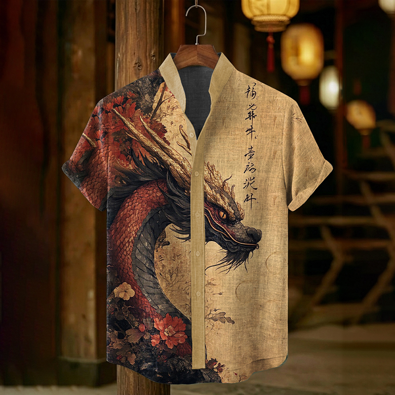 Men's Casual Oriental Art Print Shirt elevenforest