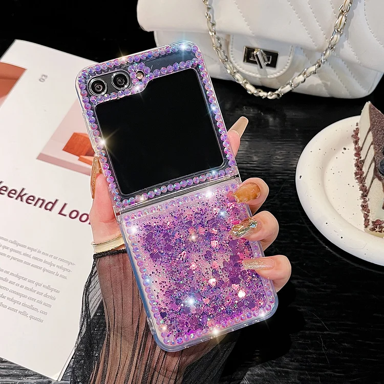 For Samsung Galaxy Z Flip 5 4 3 G Luxury Cute Pearl Diamond Crystal Liquid Glitter Phone Case Cover