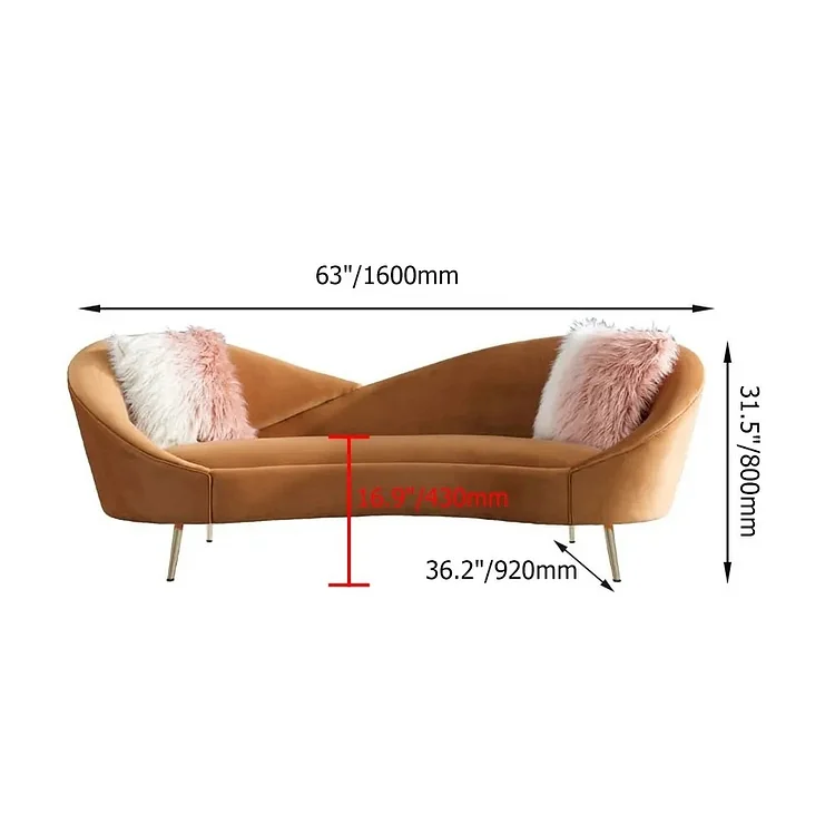 Homemys Velvet Curved Sofa Large 3-Seater Sofa with Curve Back Upholstery in Orange