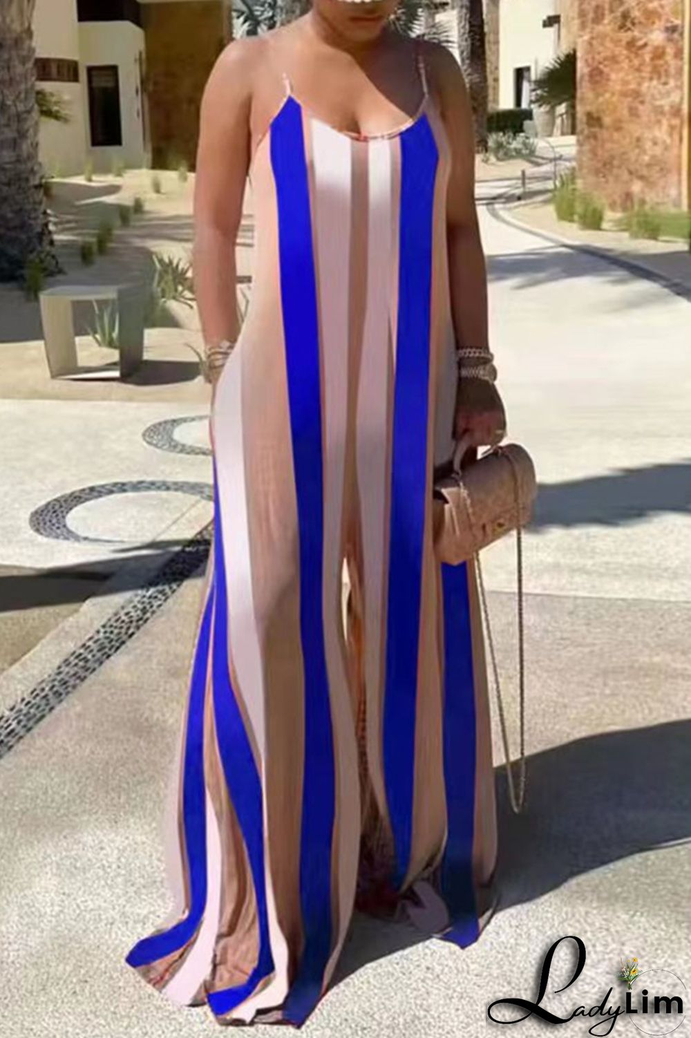 Red Fashion Casual Striped Print Backless Spaghetti Strap Regular Jumpsuits