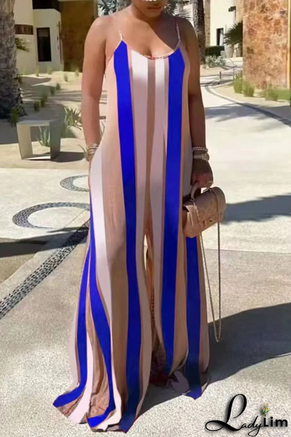 Red Fashion Casual Striped Print Backless Spaghetti Strap Regular Jumpsuits