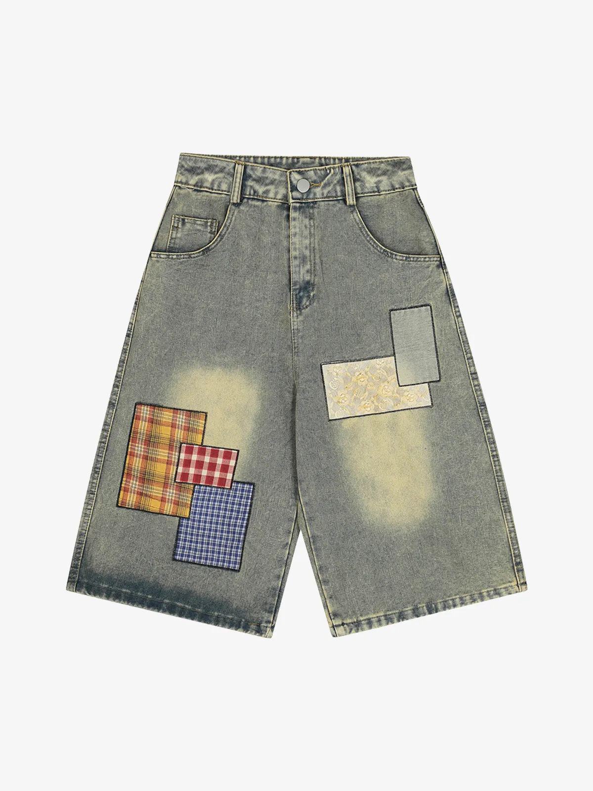 Blue Act Chic Color Block Plaid Patch Longline Jorts Front