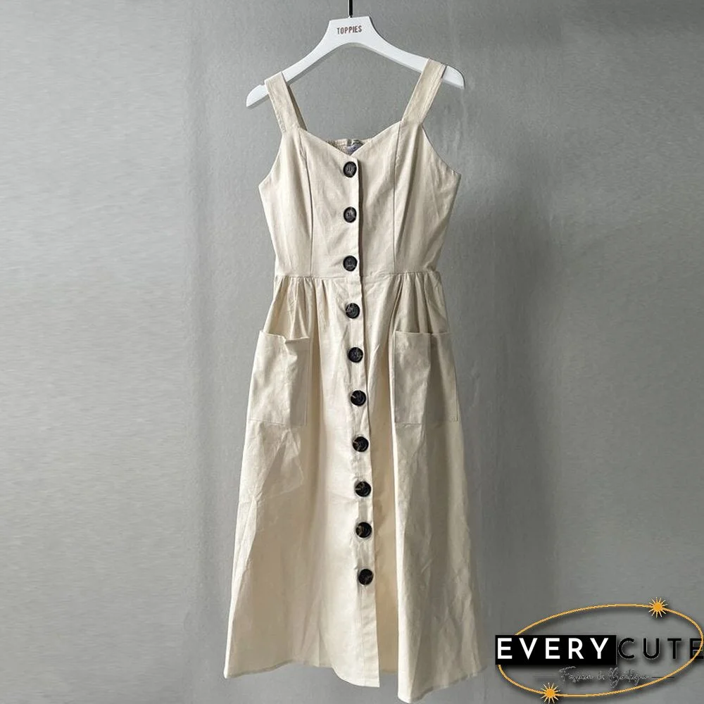 Toppies Summer 97%Cotton Camisole Dress Beach Midi Dresses with Pockets Front Button Sundress Stretch Bust