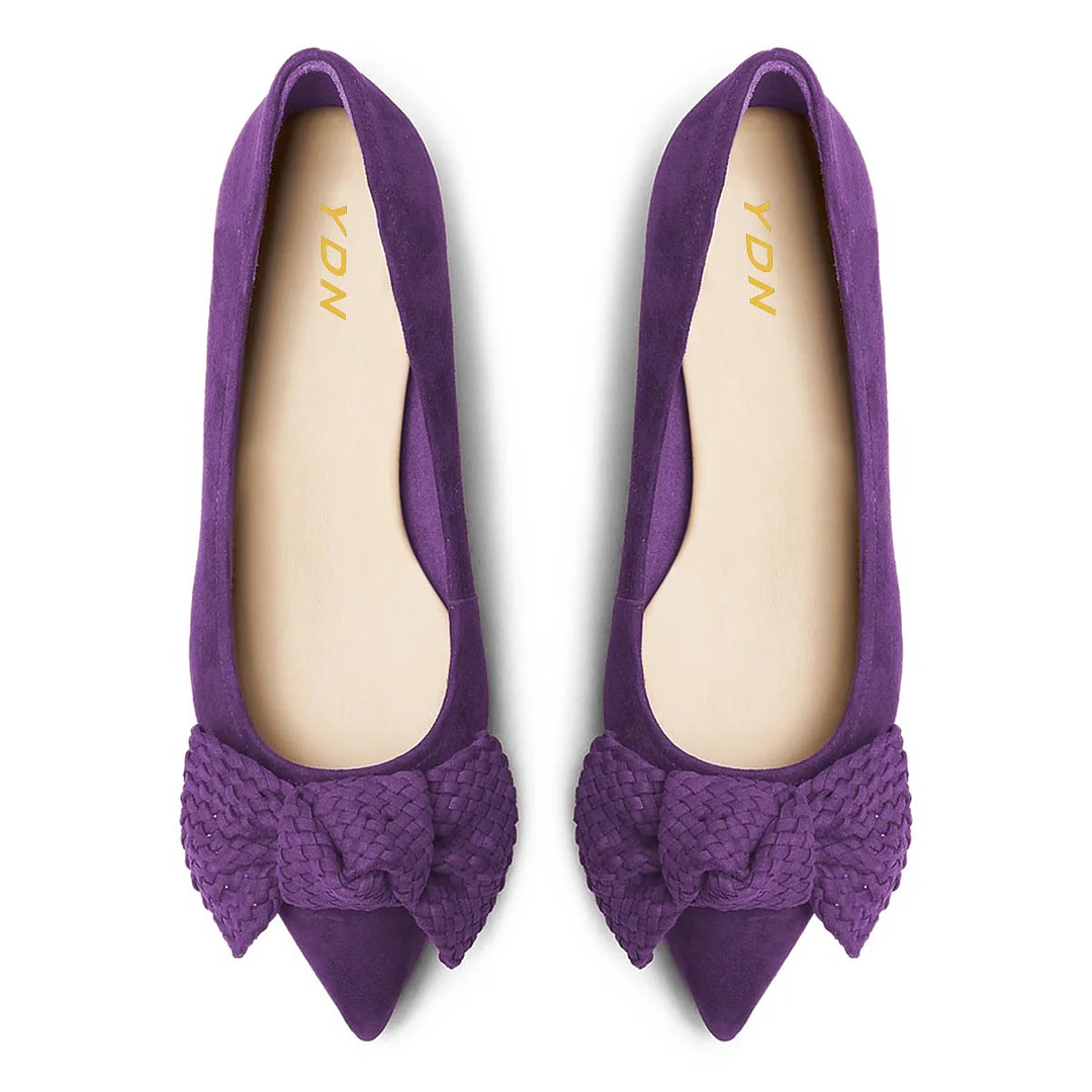 Purple Vegan Suede Pointed Toe Woven Bow Kitten Heel Pumps for Women