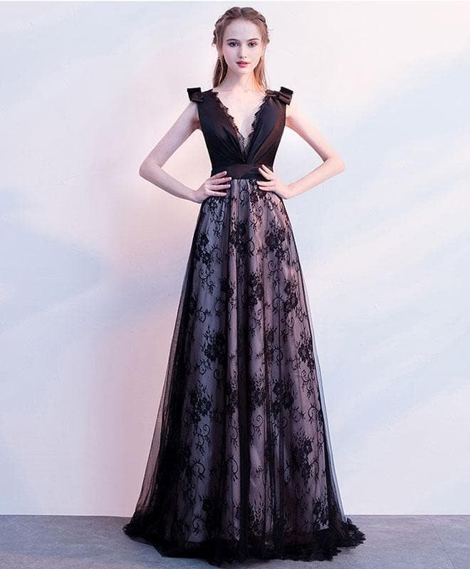 Black Deep V Neck Lace Long Prom Dress, Black Evening Dress