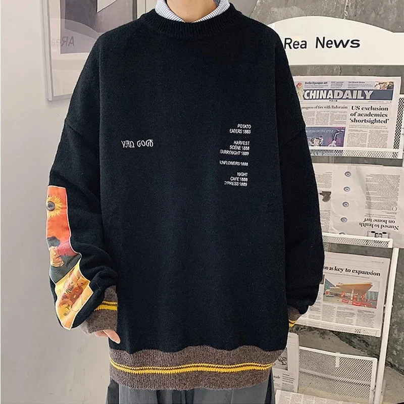 Aonga Men Sweater Pullover Pull Van Gogh Painting Embroidery Knitted Sweater Vintage Harajuku Fashion Brand Y2K Pullovers