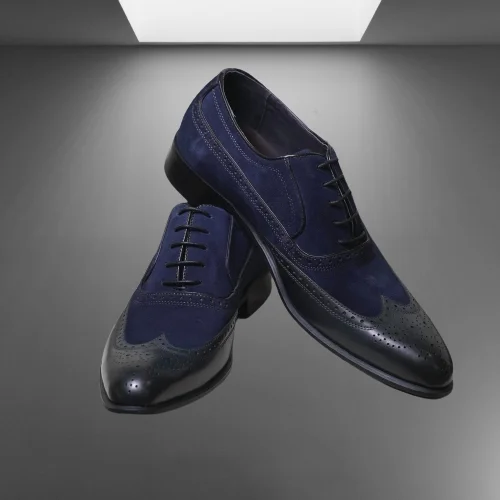 Handmade Men two tone wing tip dress shoes, Men black and blue suede shoes