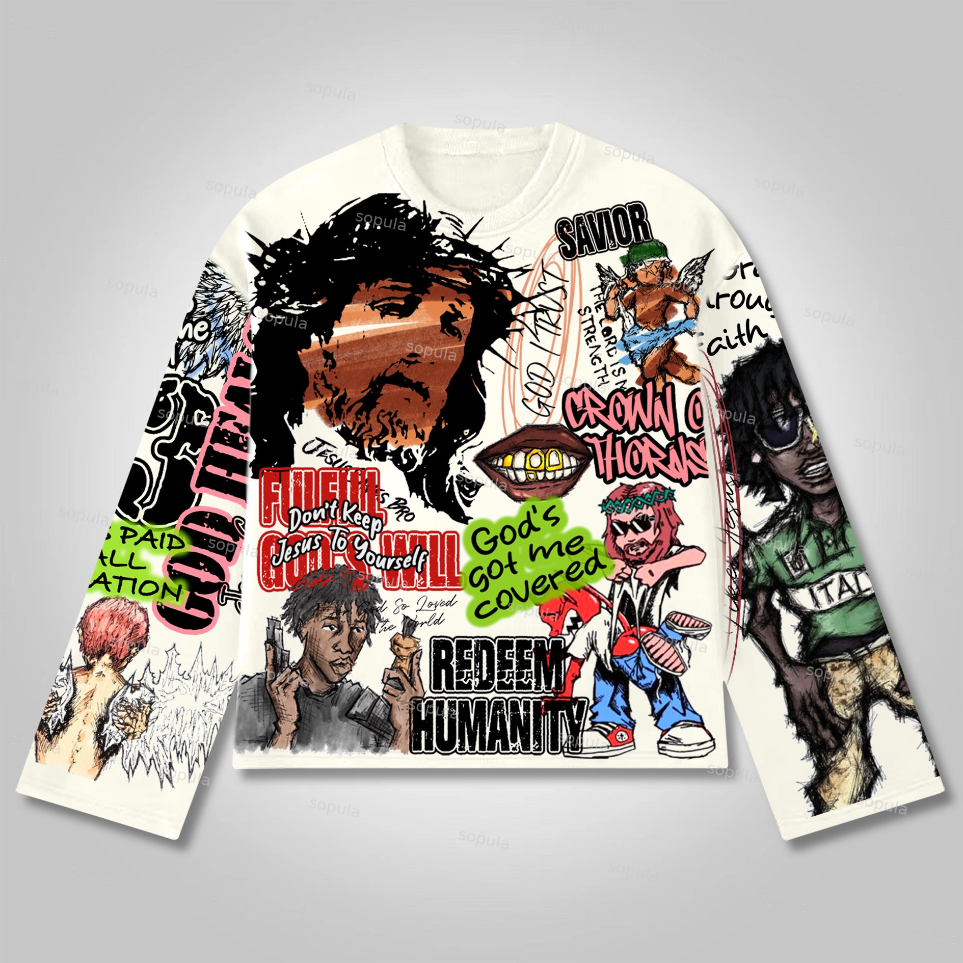 Sopula Vintage Graffiti Jesus Graphic Long Sleeve T-shirt - SOPULA