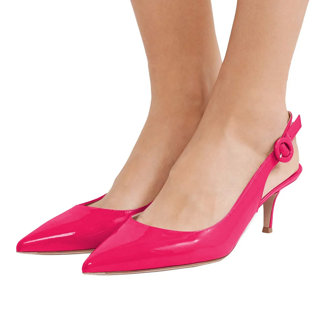 Fuchsia Pointed Toe Slingback Buckle Fastening Low Heel Pumps