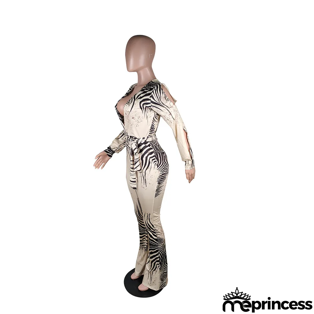 Sexy Deep V Long Sleeve Wide Leg Jumpsuits With Mask