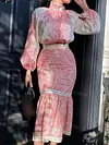 Vintage Floral Printed Stand Collar Long Sleeves Shirts+ Mermaid Skirt Two Pieces Set
