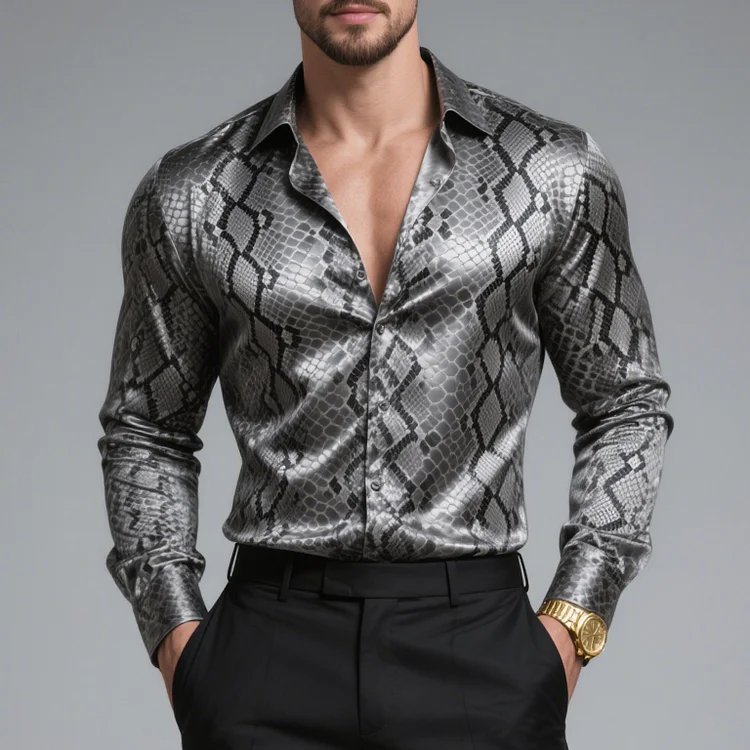 Okaywear Silk Snakeskin Pattern Turndown  Collar Long Sleeve Shirt Okaywear