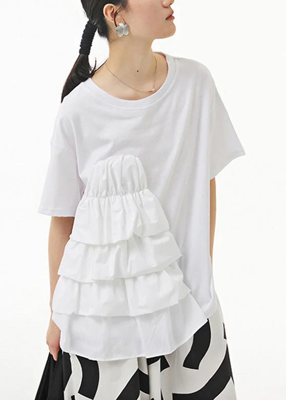 Modern White Patchwork Floral Solid Tops Summer
