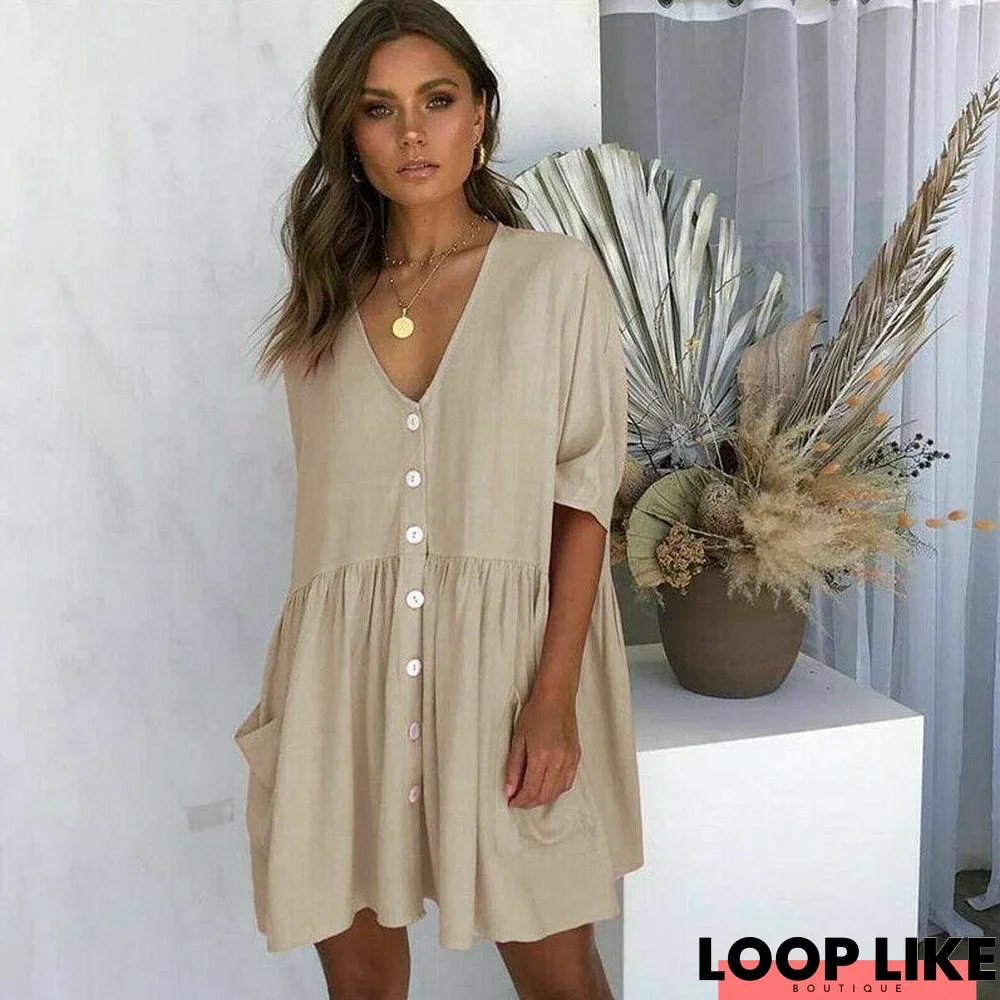 Women Ladies Holiday Short Sleeve Loose Button Pocket Dresses Summer Beach Mini Swing Sun Dress Tops