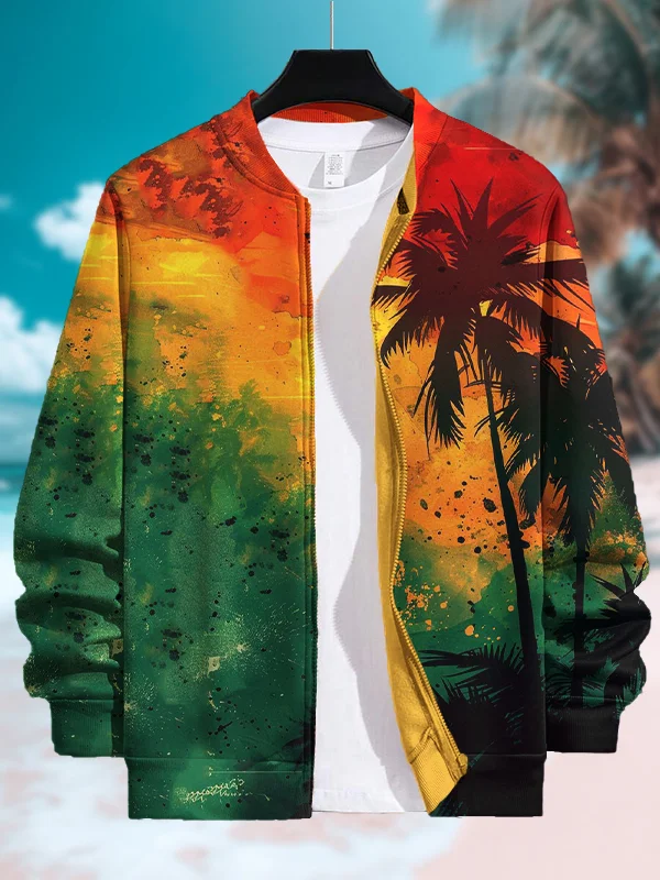 Men's Palm Tree Art Print Casual Zip Up Jacket