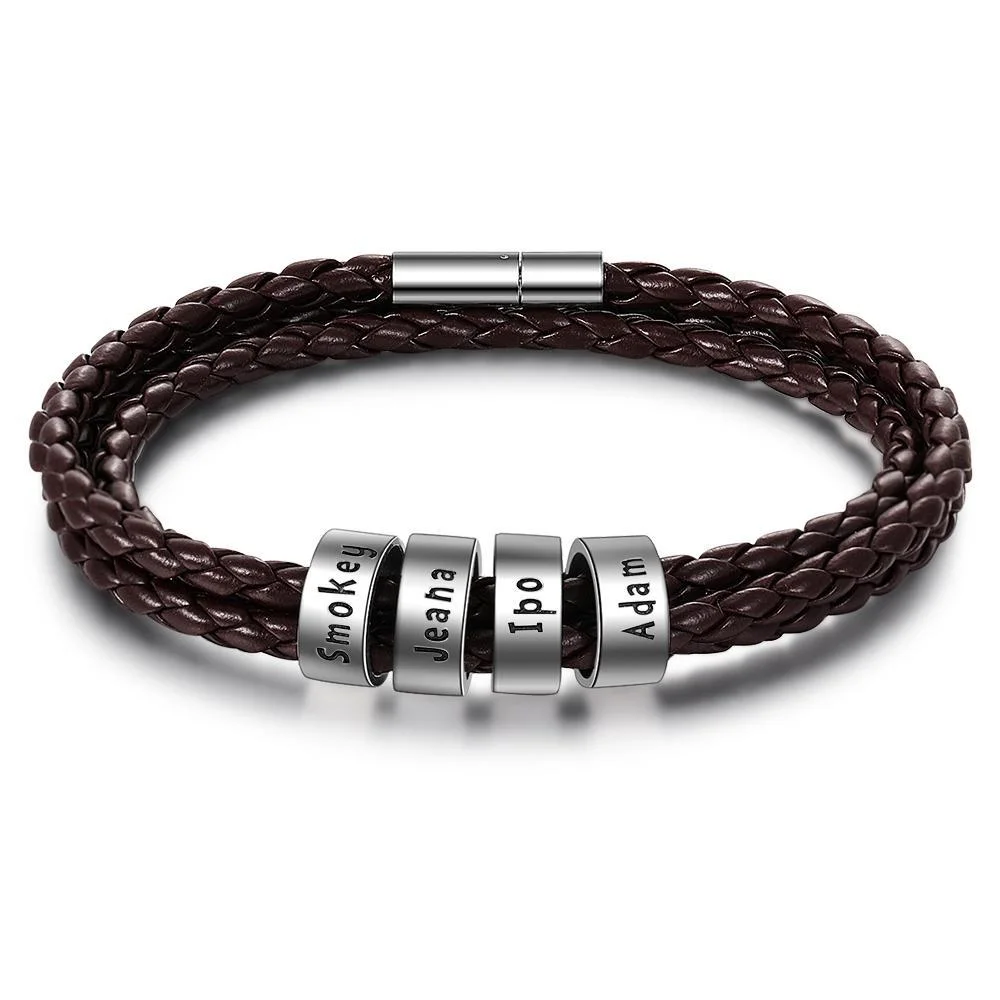 Geflochtenes Herrenarmband aus Leder mit 4 benutzerdefinierten Perlen, graviert mit 4 Namen