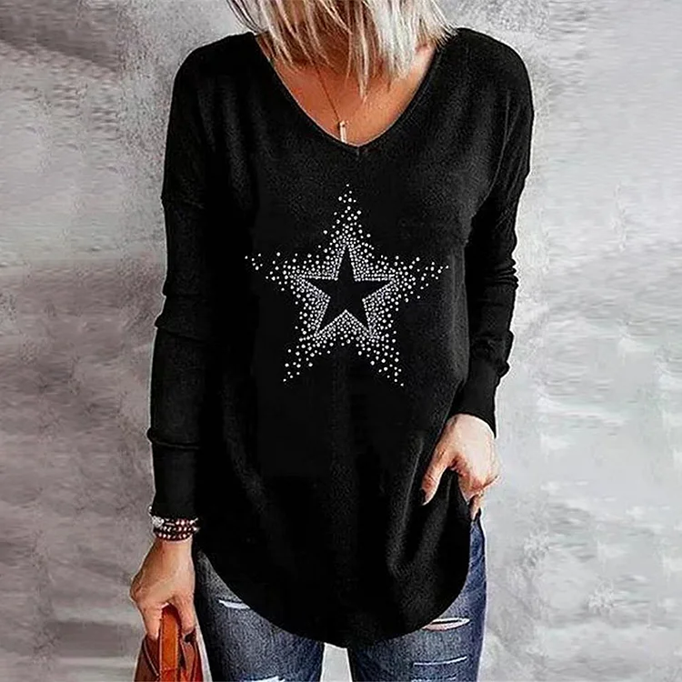 Wearshes V Neck Star Printed Long Sleeve T-shirt