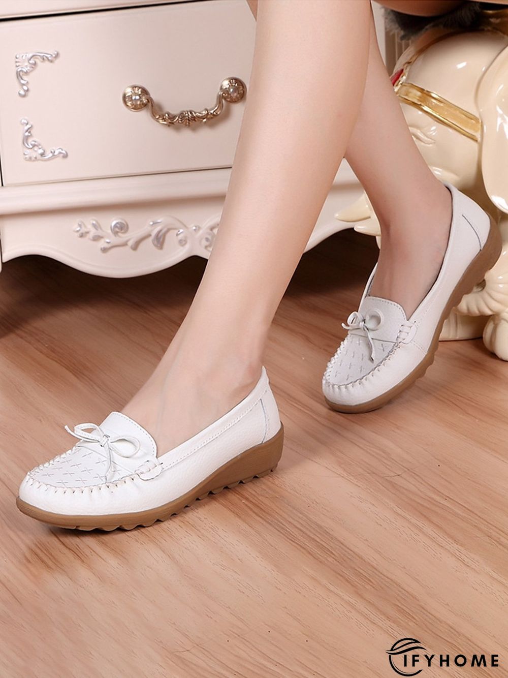 Bow Decor Moccasin Comfy Sole Flat Peas Shoes | IFYHOME