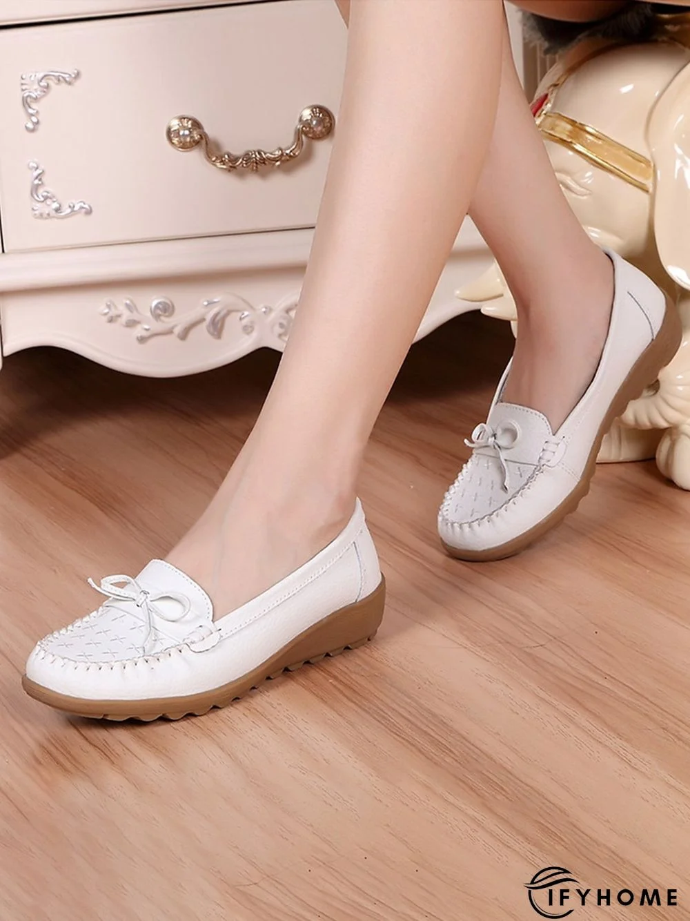 Bow Decor Moccasin Comfy Sole Flat Peas Shoes | IFYHOME