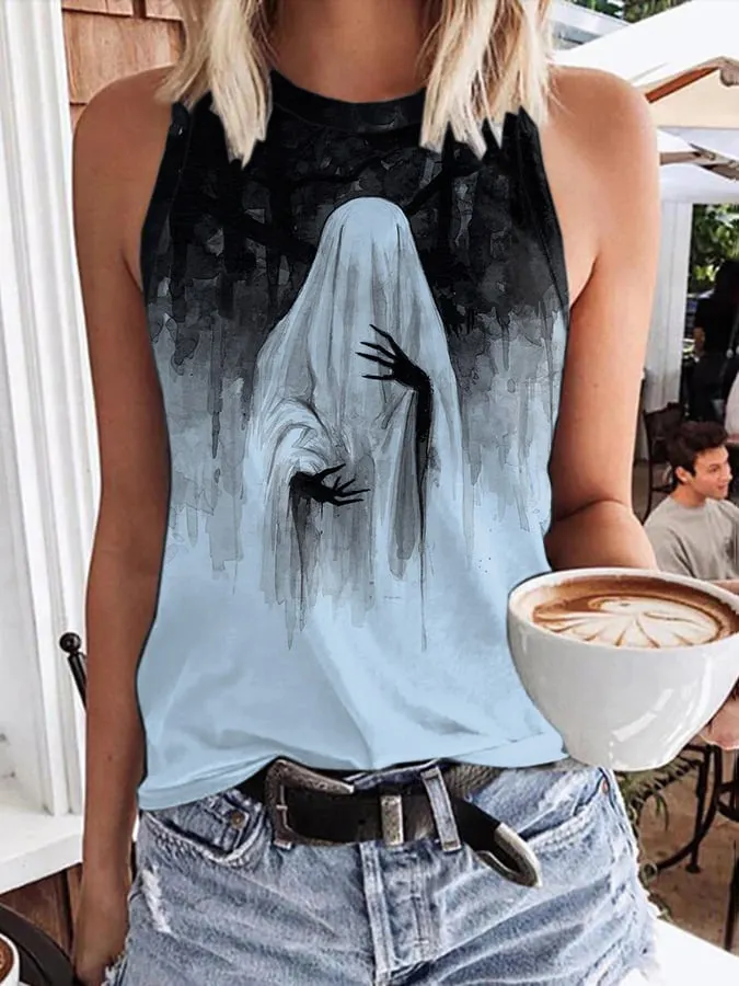 Women's Vintage Ghost Art Print Sleeveless Tank Top