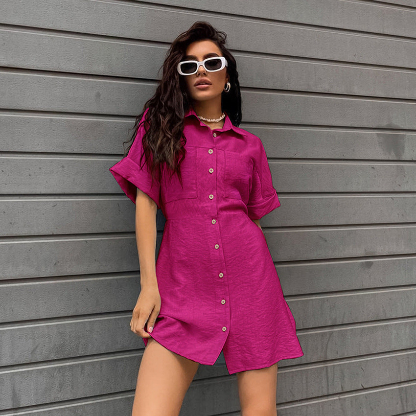 French Dress Women Summer Office Short Sleeve Collared Shirt Dress Wais Controlled White A line Women Clothing